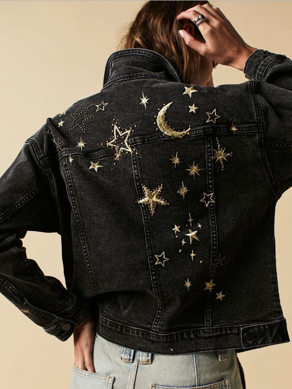 Driftwood Star studded black denim Jean jacket celestial print NWT size XS